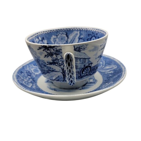 Wood & Sons Teacup & Saucer Blue Transferware Old Sturbridge Village Vintage - Picture 14 of 16